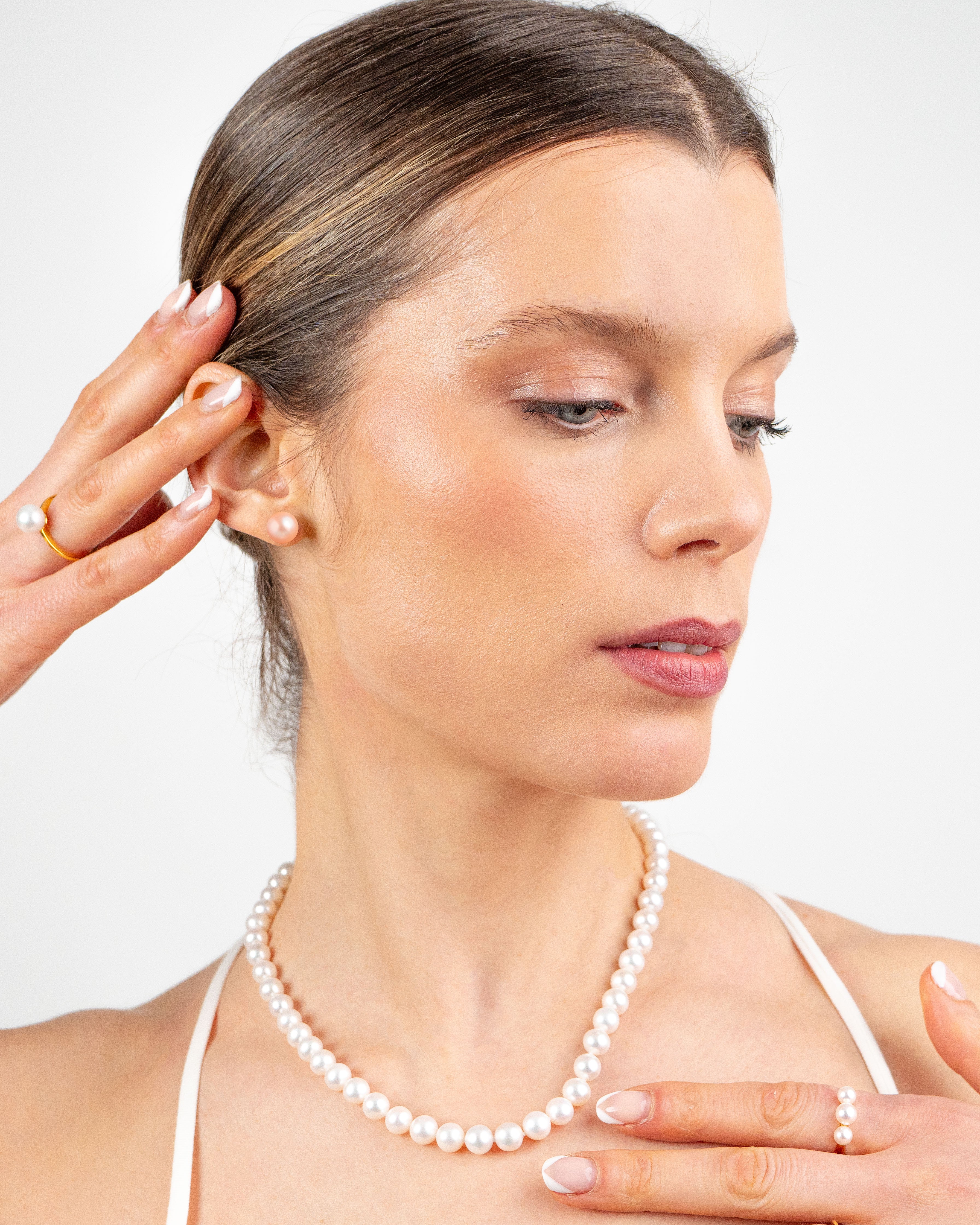 Pendientes de Perlas Redondas Melocotón - ORO BLANCO 18K