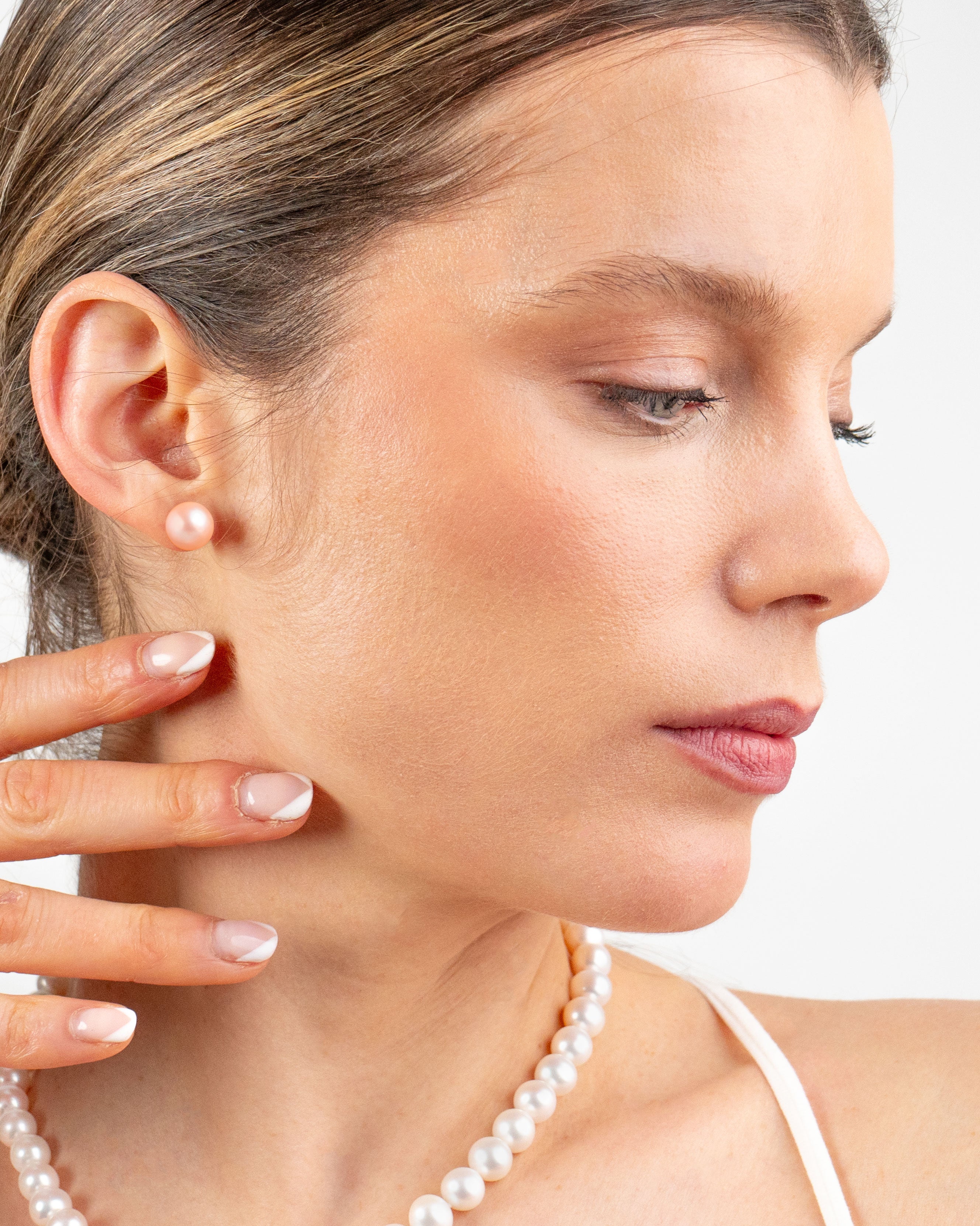 Pendientes de Perlas Redondas Melocotón - ORO BLANCO 18K