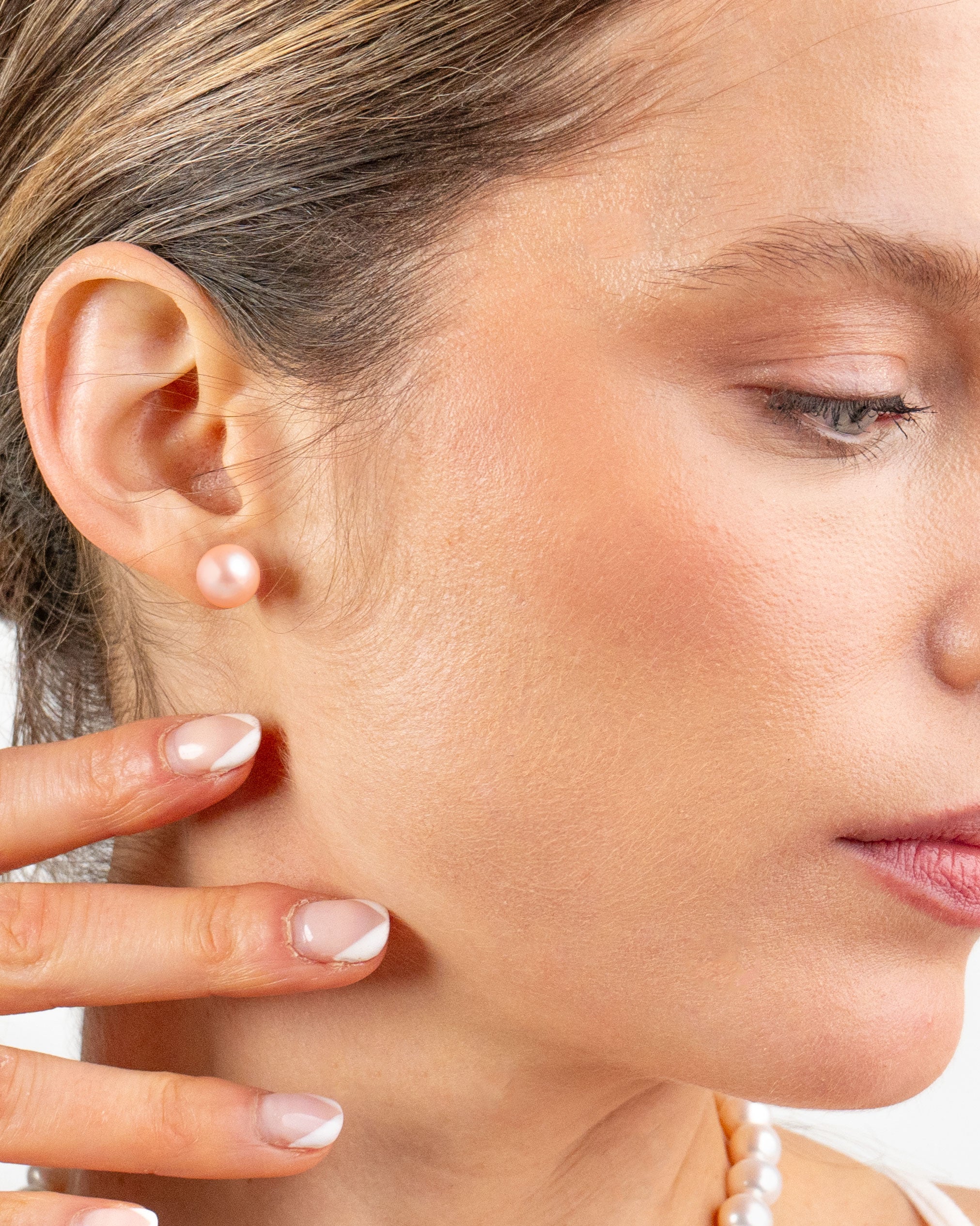 Pendientes de Perlas Redondas Melocotón - ORO BLANCO 18K