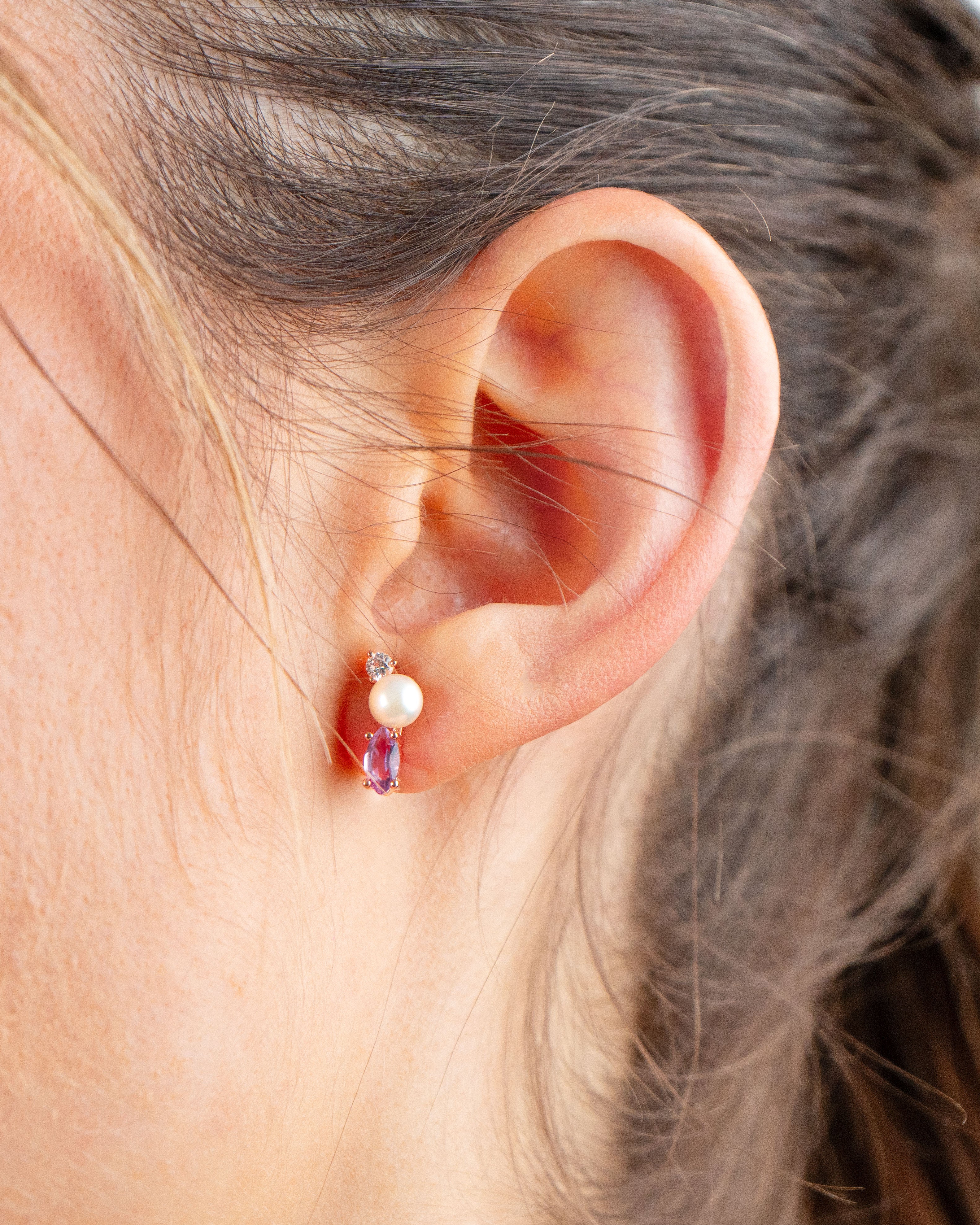 Pendientes Cooper de Perla Cultivada de Agua dulce 4.5-5mm, Amatista y Topacio