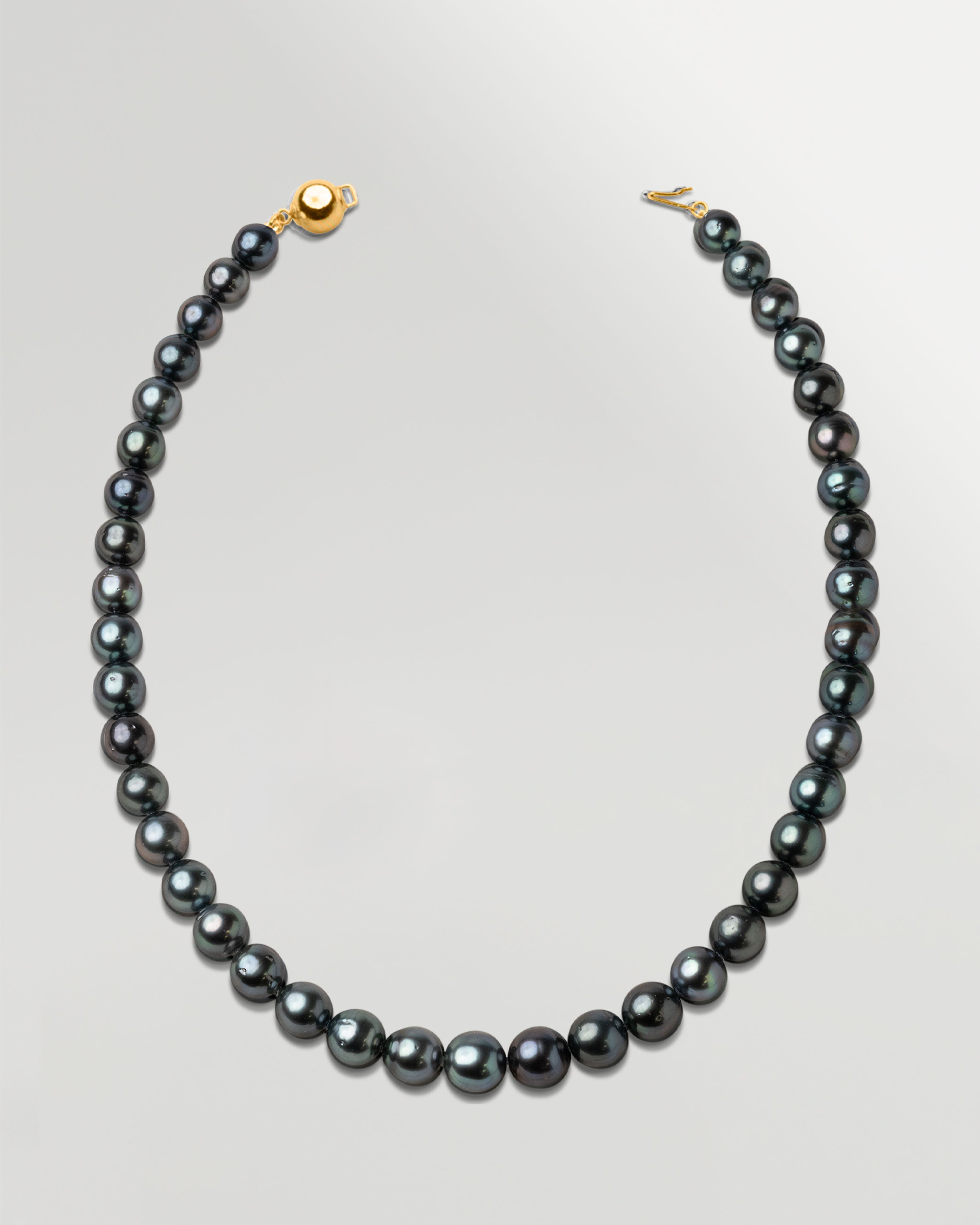 Collar de perlas cultivadas naturales Tahití redondas de 8,1 a 11,1 mm de color verde vidrio oscuro