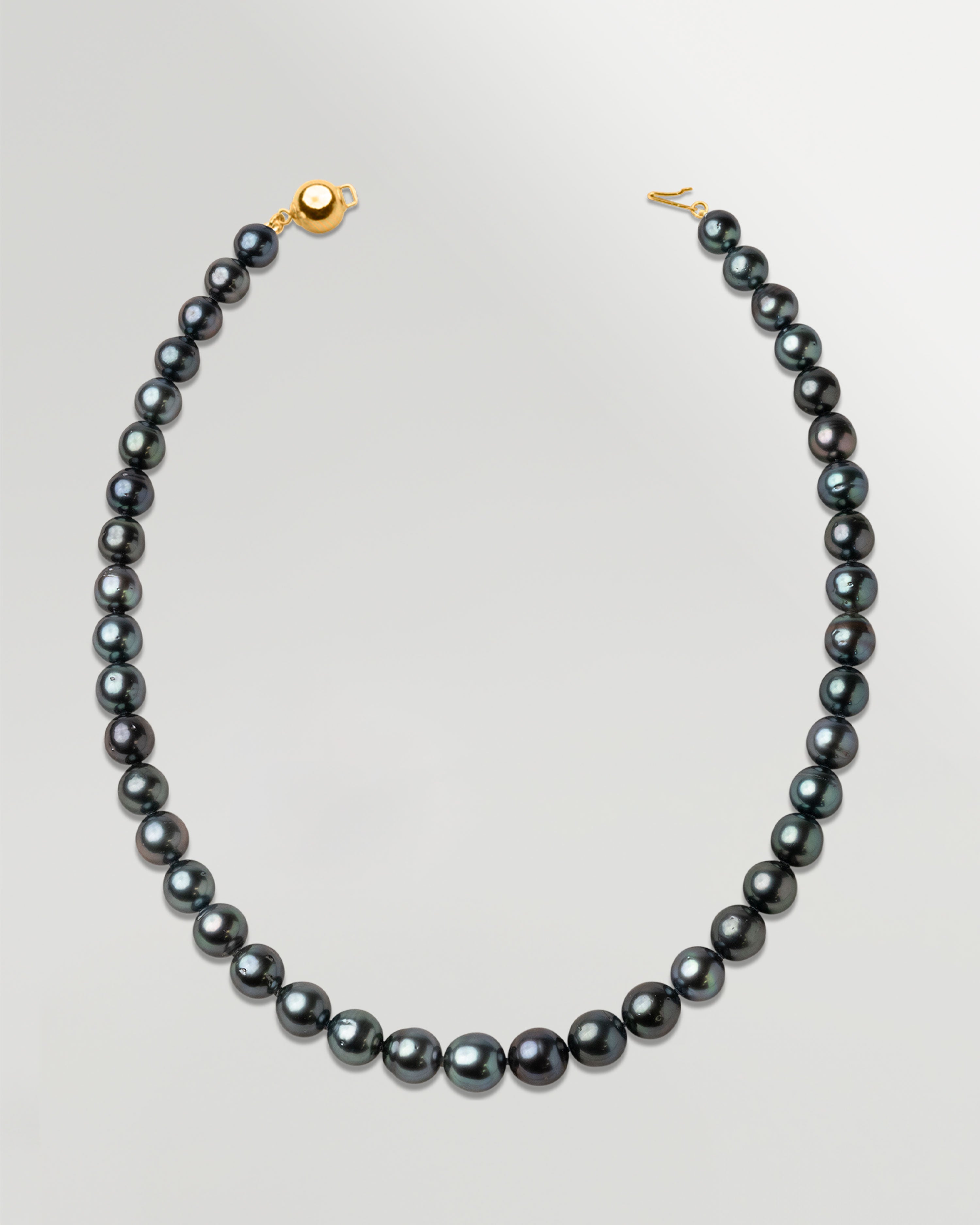 Collar de perlas cultivadas naturales Tahití redondas de 8,3 a 11 mm de color verde azulado