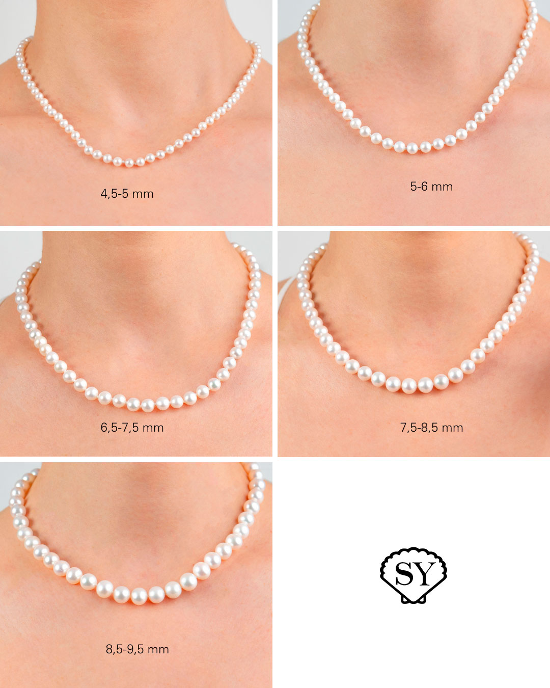 Collares de perlas cultivadas de distintos tamaños de perlas S&Y