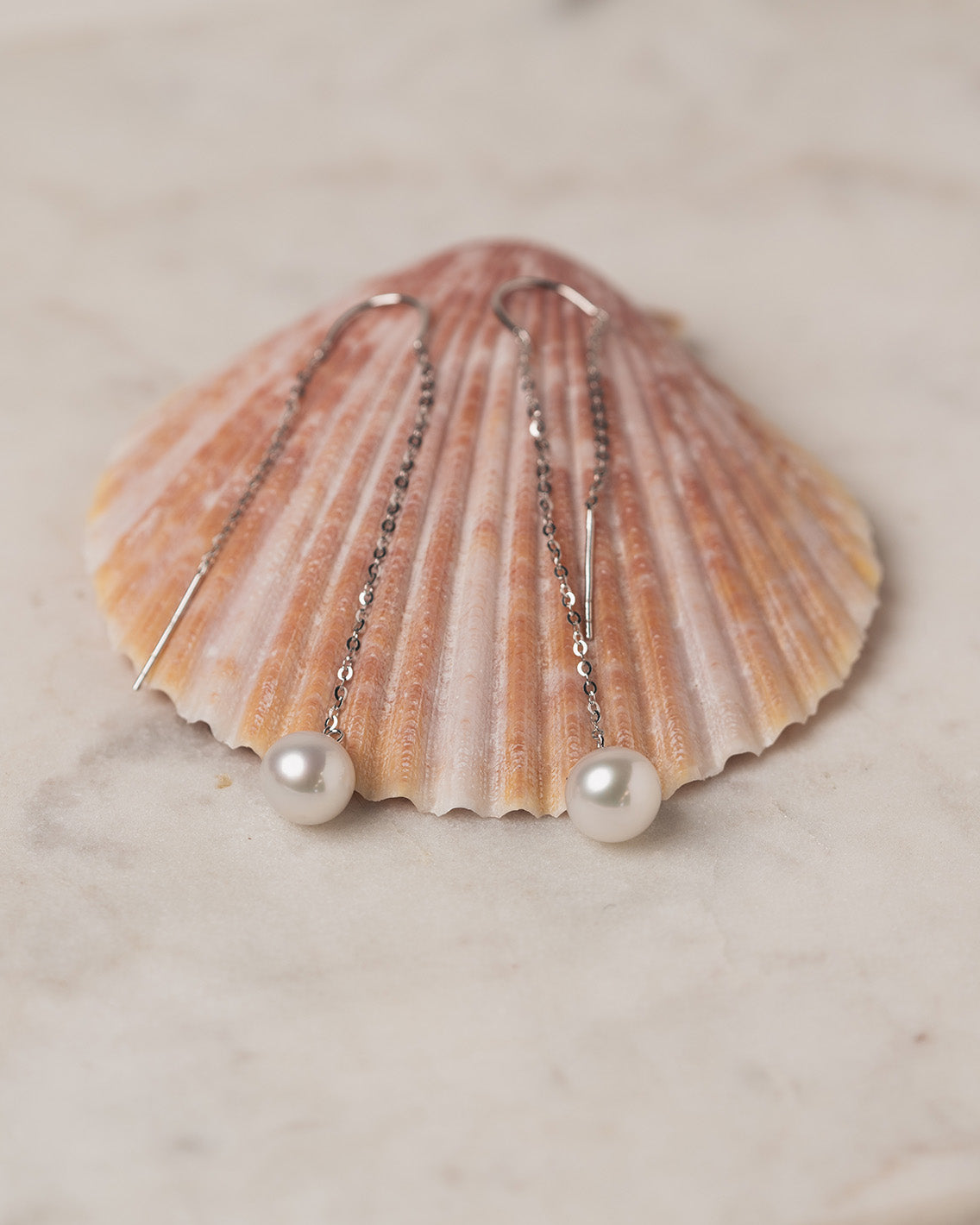 Boucles d'Oreilles Pendantes Chaîne Perle Ronde - Or Blanc 18k