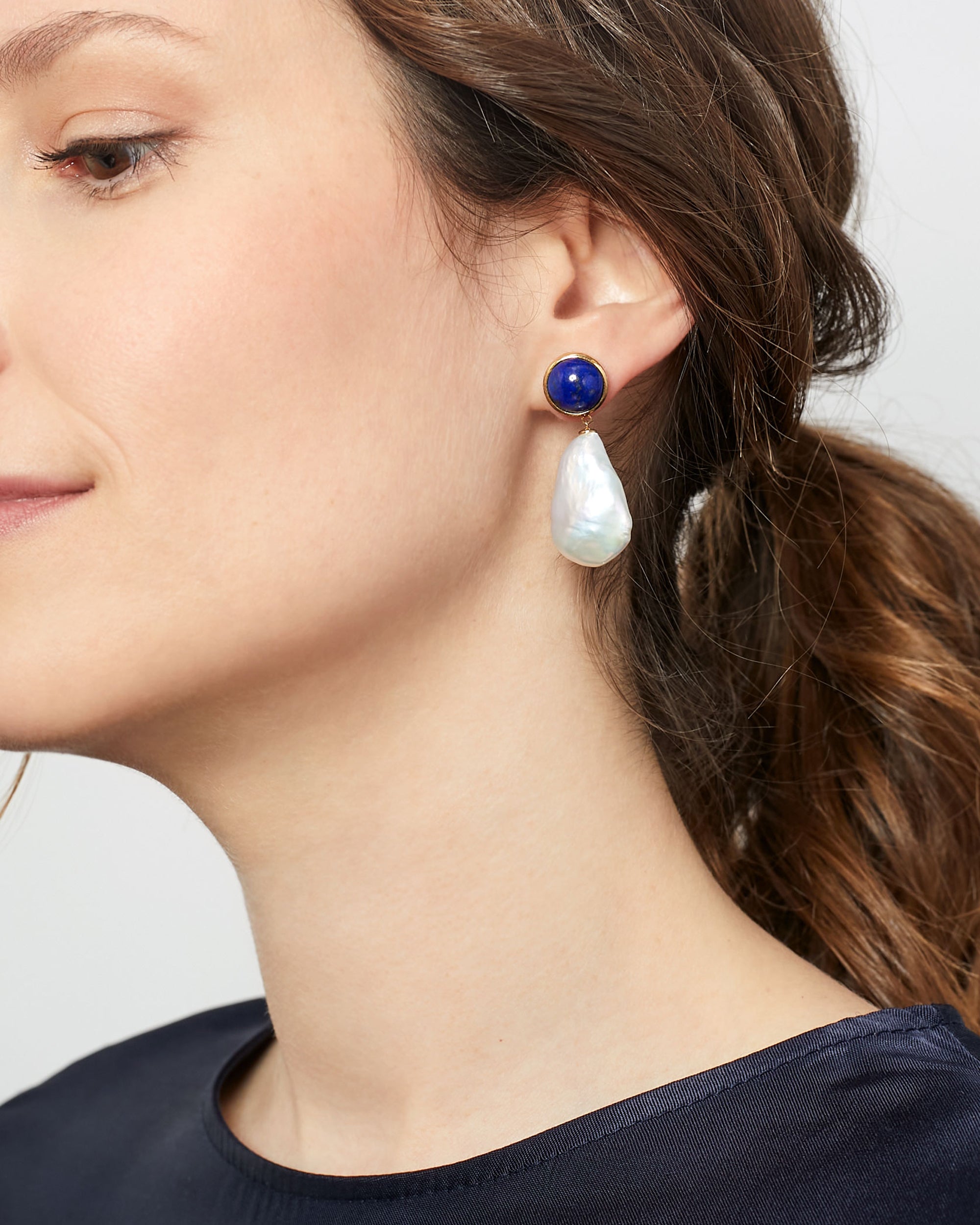 Pendientes de perlas cultivadas barrocas grandes con lapislazuli de mujer Secret & You