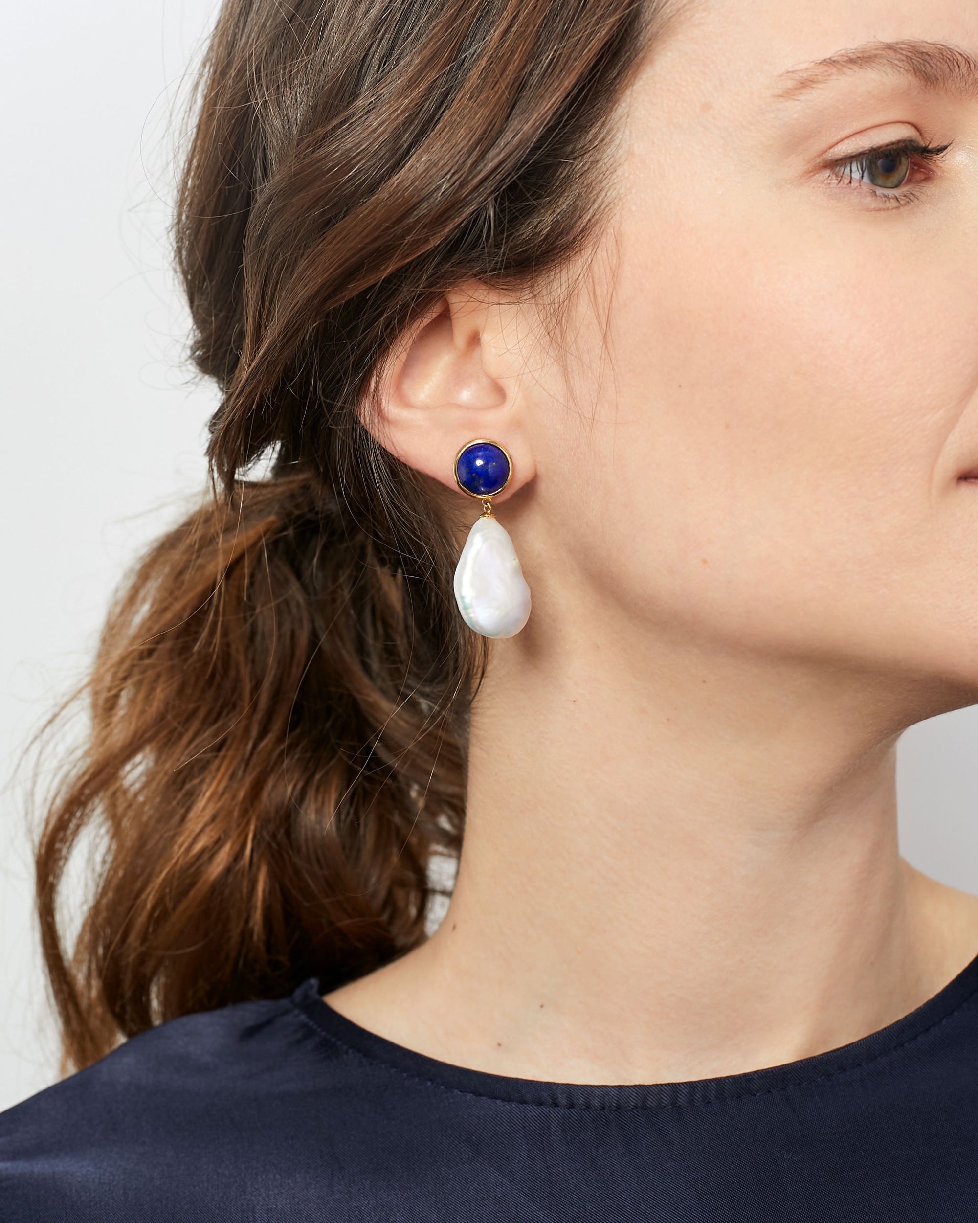 Pendientes de perlas cultivadas barrocas grandes con lapislazuli de mujer Secret & You